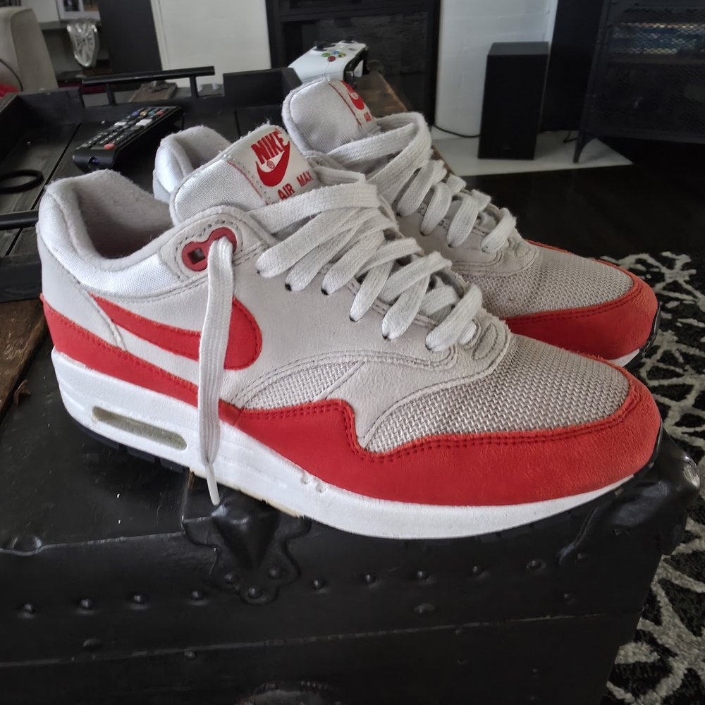 Nike Womens Air Max 1 Habenero Red and White Sneakers